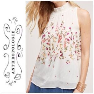 Anthropologie Floreat Floral Embroidered Smocked Mock Neck sz XS NWT
